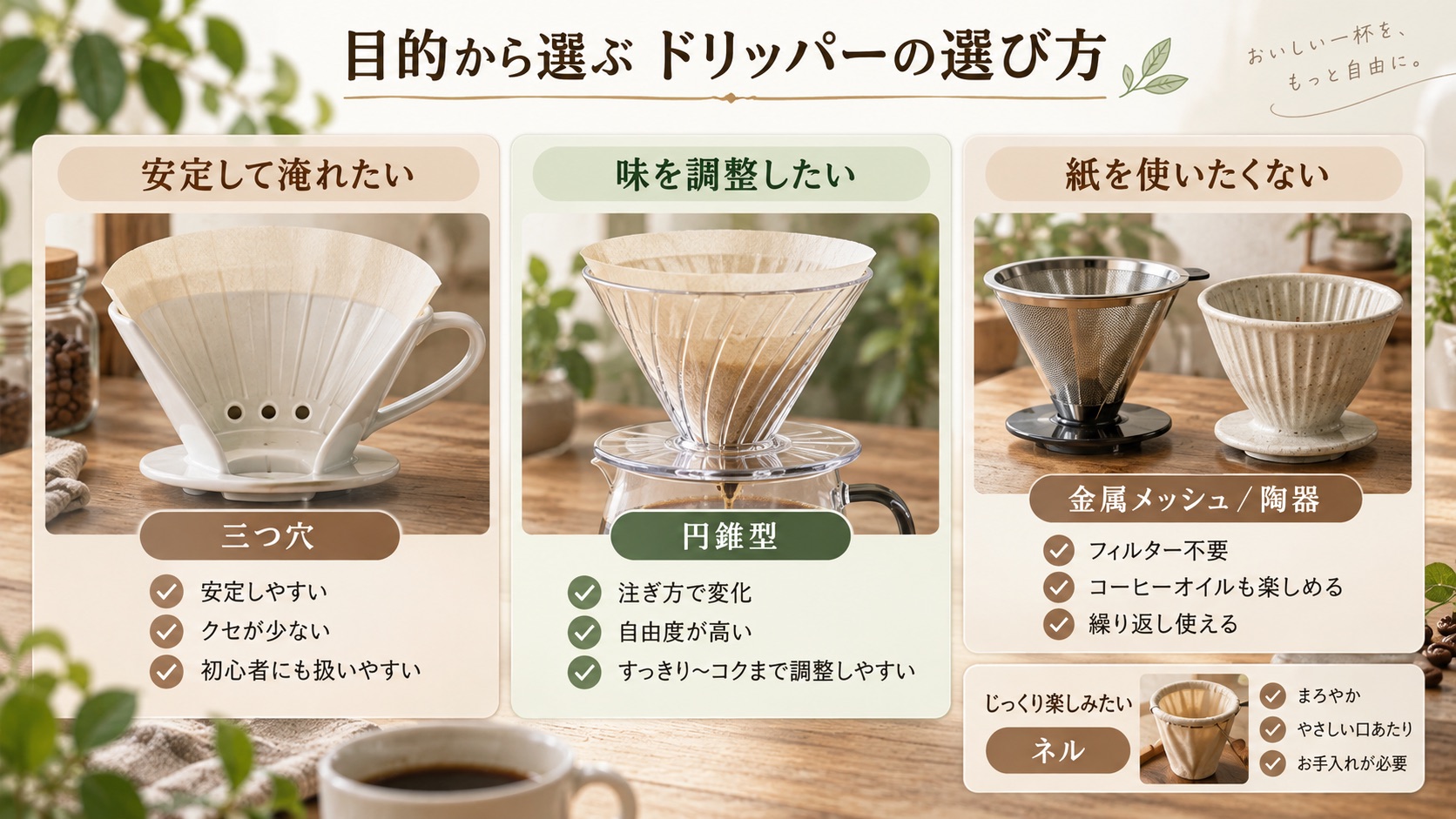 目的から選ぶドリッパーの選び方。安定して淹れたいなら三つ穴、味を調整したいなら円錐型、紙を使いたくないなら金属メッシュか陶器、じっくり楽しみたいならネル