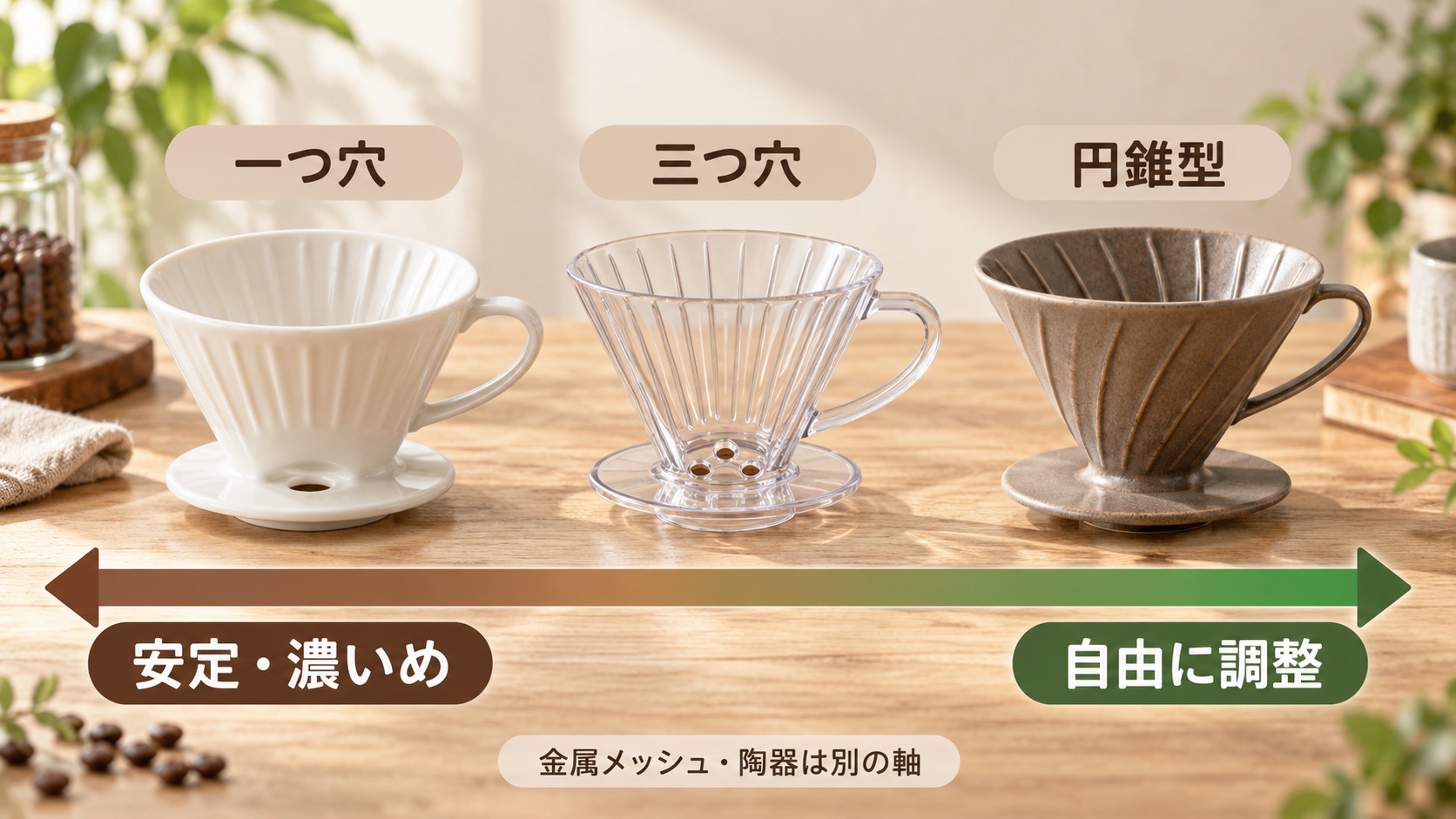 一つ穴・三つ穴・円錐型を左から並べ、左ほど安定して濃いめ、右ほど自由に調整できることを示した図。金属メッシュ・陶器は別の軸