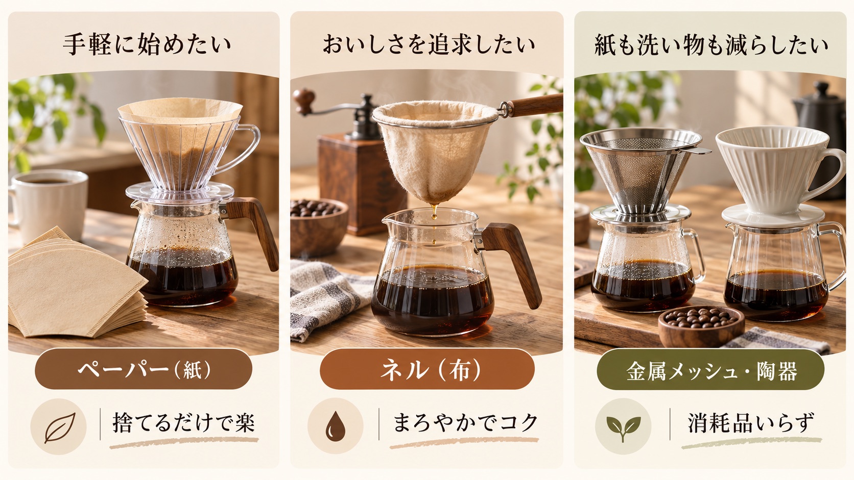 フィルターの選び方ガイドの図。手軽さ重視なら紙、味を追求するならネル、消耗品を減らすなら金属・陶器
