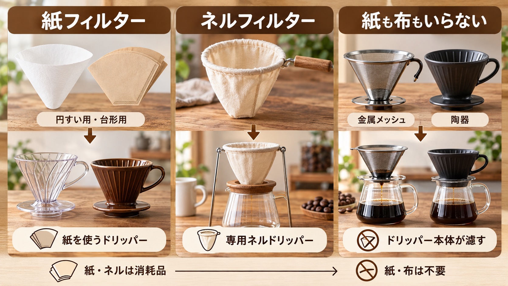 フィルターとドリッパーの組み合わせ早見図。紙は紙用ドリッパー、ネルは専用ネルドリッパー、金属メッシュ・陶器はフィルター不要