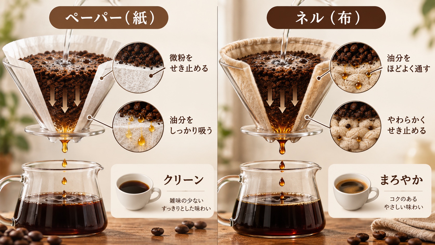 フィルターが油分と微粉をどこまで通すかで味が変わる仕組みの図。紙はせき止めてクリーンに、ネルは通してまろやかに