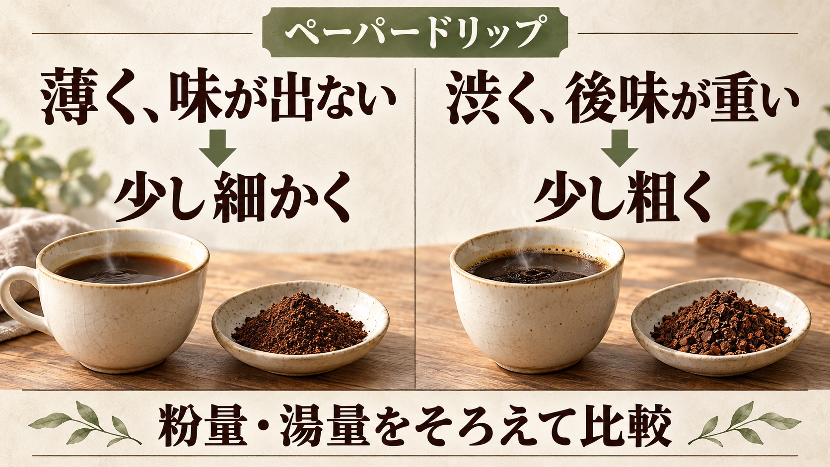 ペーパードリップで条件をそろえ、薄く味が出ないなら少し細かく、渋く後味が重いなら少し粗く試す調整図