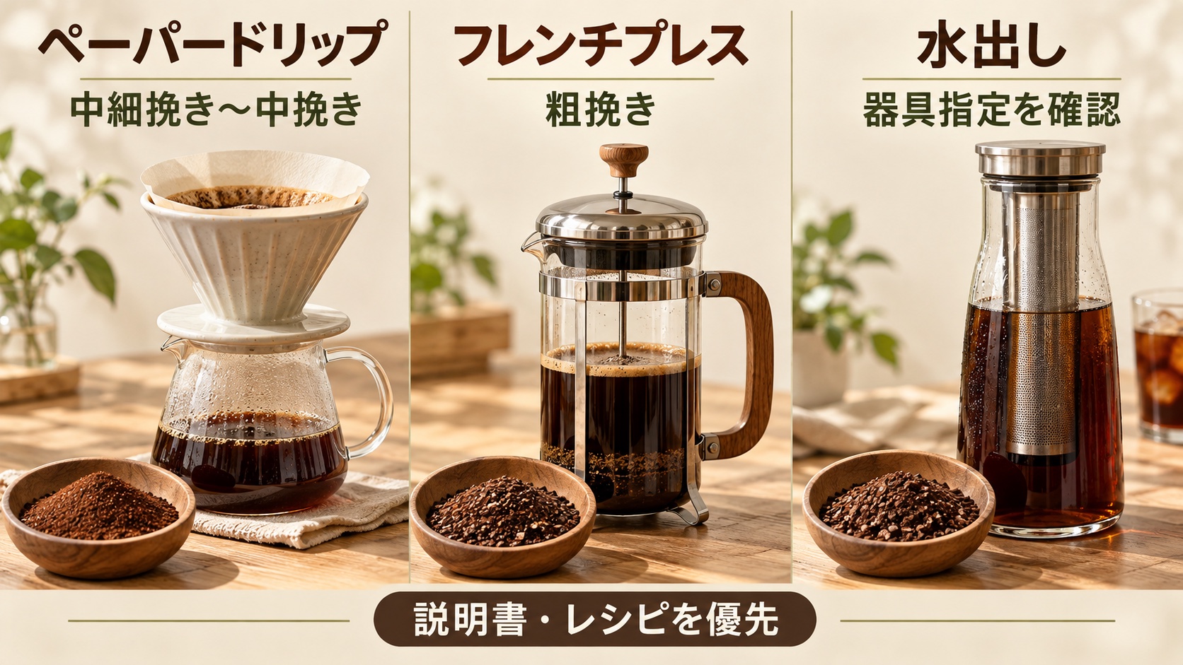 ペーパードリップは中細挽きから中挽き、フレンチプレスは粗挽き、水出しは器具指定を確認する図解