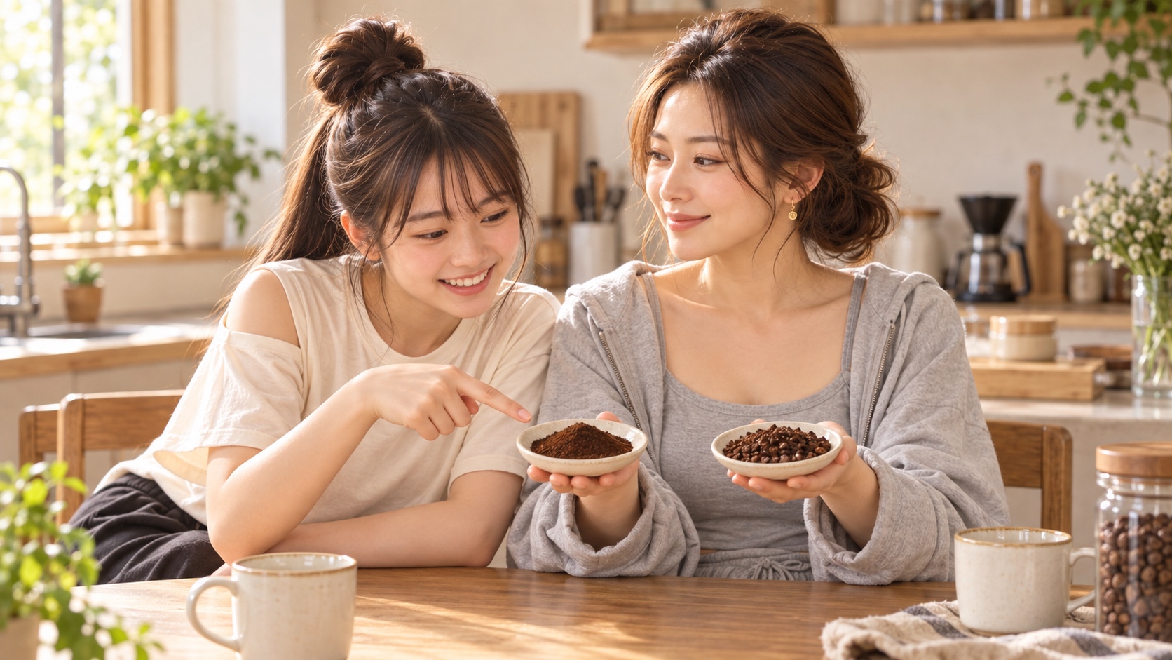 右手の細挽きと左手の粗挽きを見せるKANNAに、細挽きの小皿を指さして答えるYUME