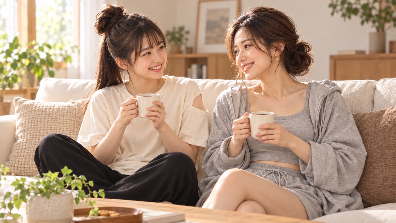KANNAが挽いて淹れたコーヒーを手に、ソファで笑顔で談笑するKANNAとYUME