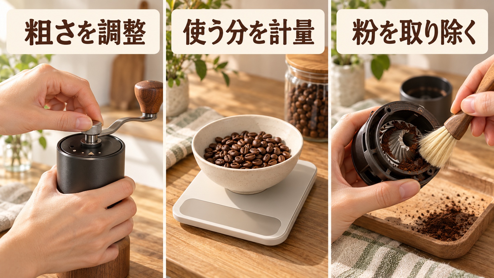 粗さ調整、使う分の計量、ブラシでの手入れというミルの使い方の三つのポイント