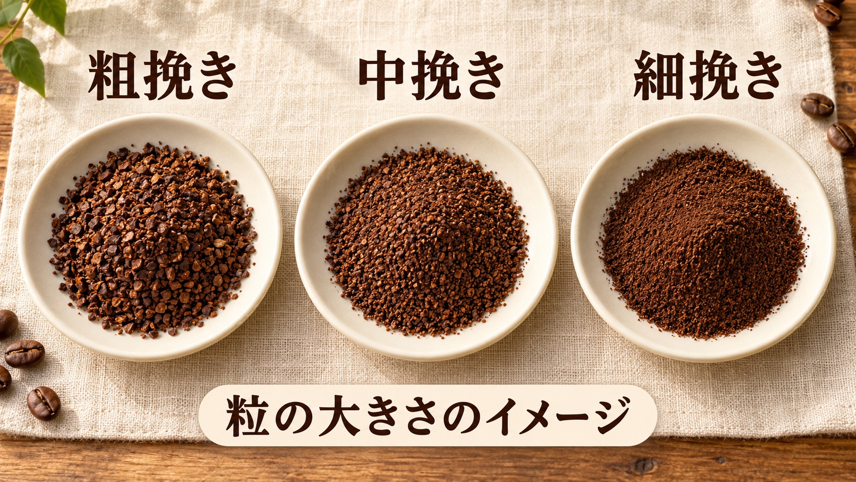 同じ縮尺で粗挽き、中挽き、細挽きの粒の大きさを比較したイメージ