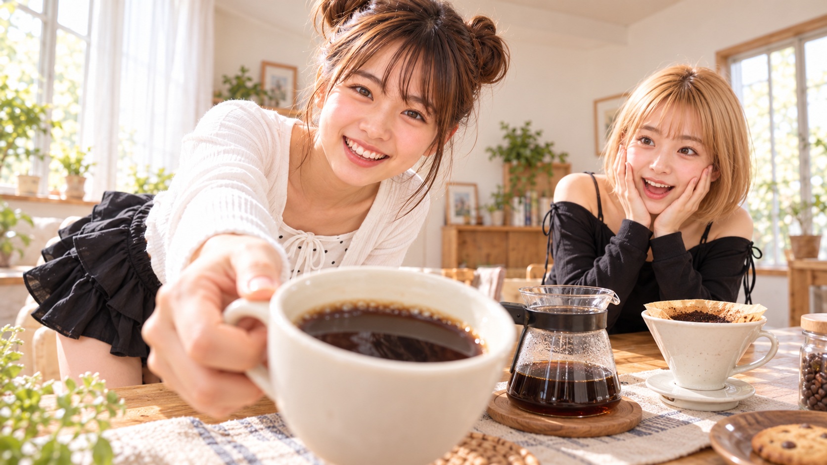 淹れたコーヒーを差し出す様子