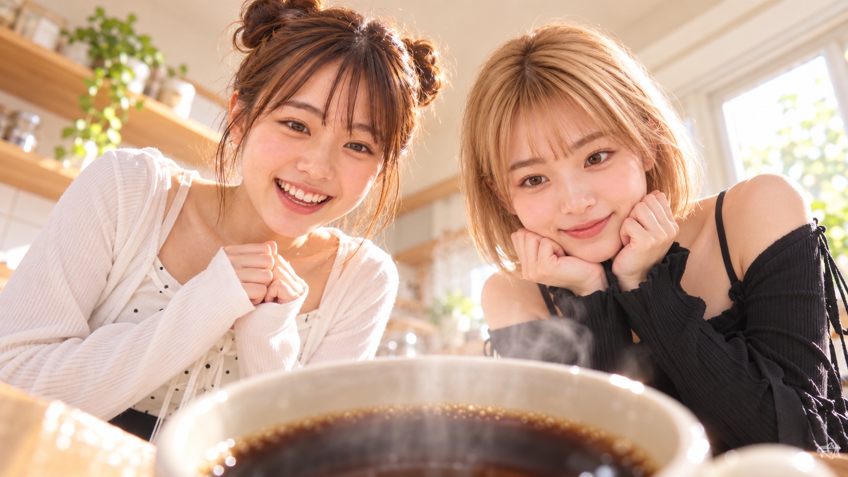 淹れたコーヒーを見て喜ぶ姉妹