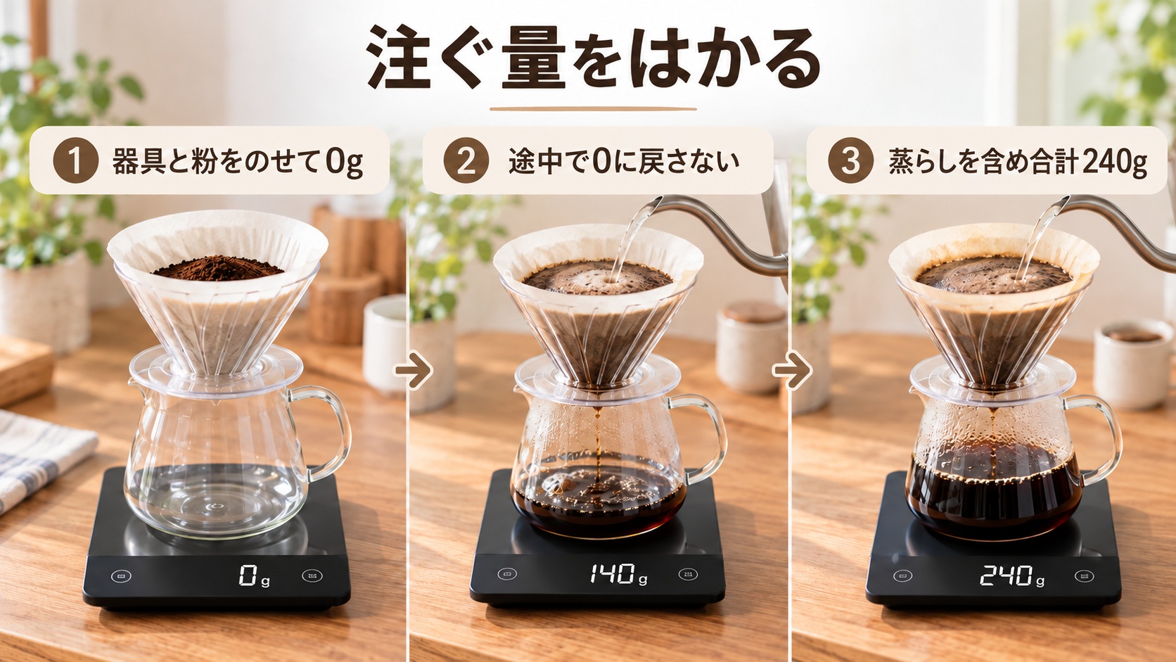 スケールに器具と粉を載せてゼロにし、途中でゼロに戻さず蒸らしを含む注湯量を計る図