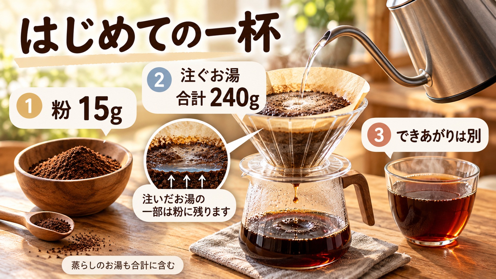 粉15g、注ぐお湯の合計240g、できあがり量を分けて考える一杯の要約図