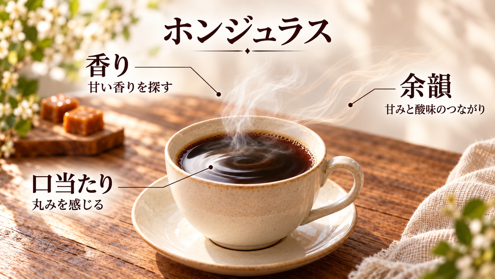 ホンジュラスのカップを中心に香り・口当たり・余韻の三つの注目点を示した図解