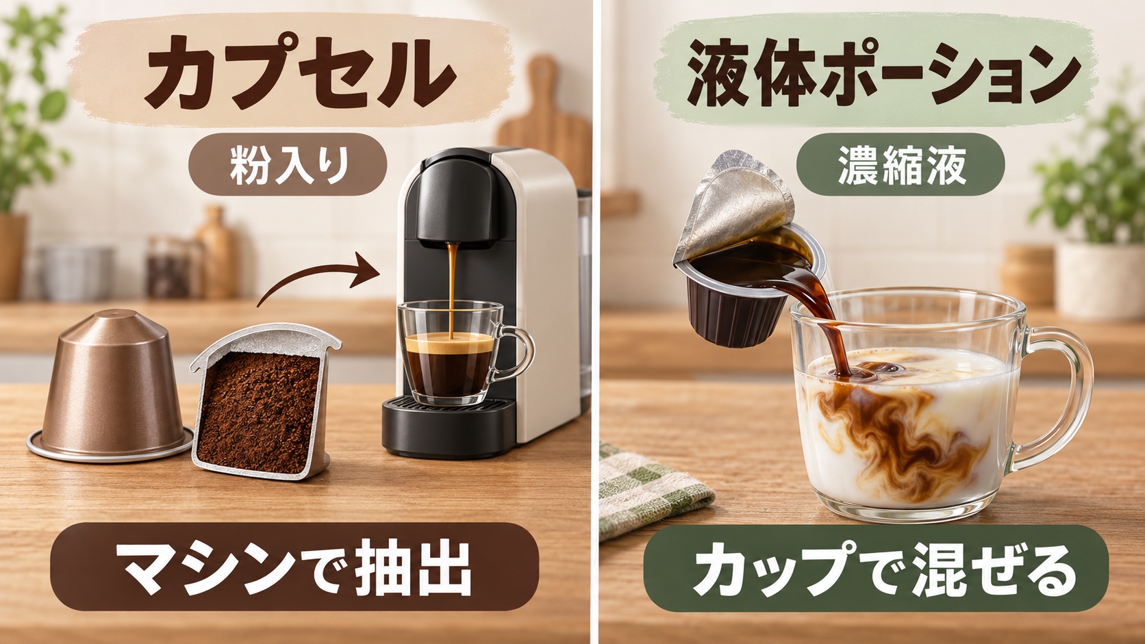 粉入りのカプセルは対応マシンで抽出し、液体ポーションはカップで水や牛乳と混ぜる違いを示した図解