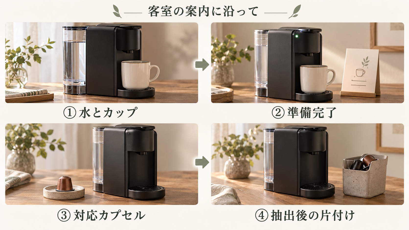 客室の案内に沿い、水とカップ・準備完了・対応カプセル・抽出後の片付けの順に確認する四段階の図解