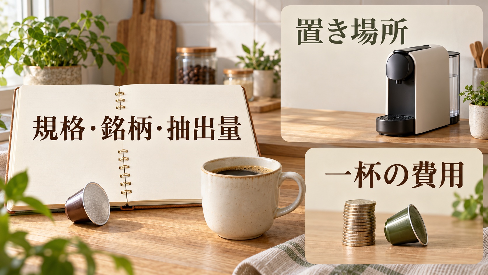 家でホテルの一杯を楽しむために、規格・銘柄・抽出量を控え、置き場所と一杯の費用を確認する図解