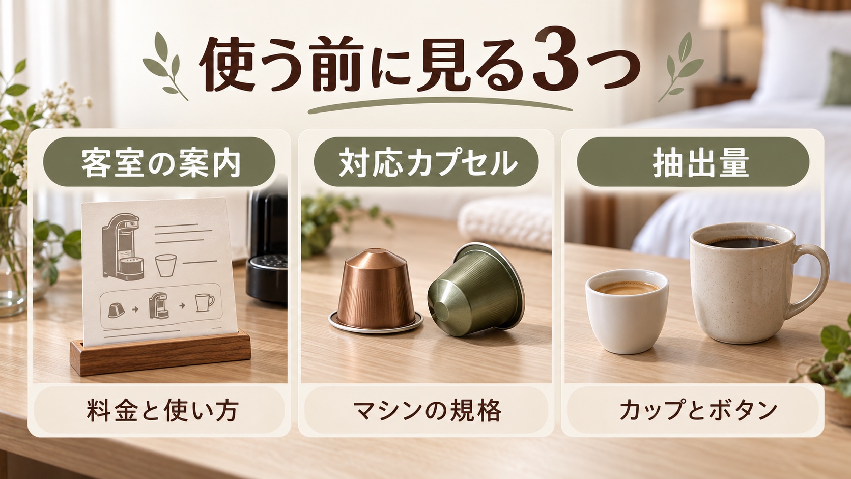 ホテルのコーヒーを使う前に確認する、客室の案内・対応カプセル・抽出量の三つをまとめた図解