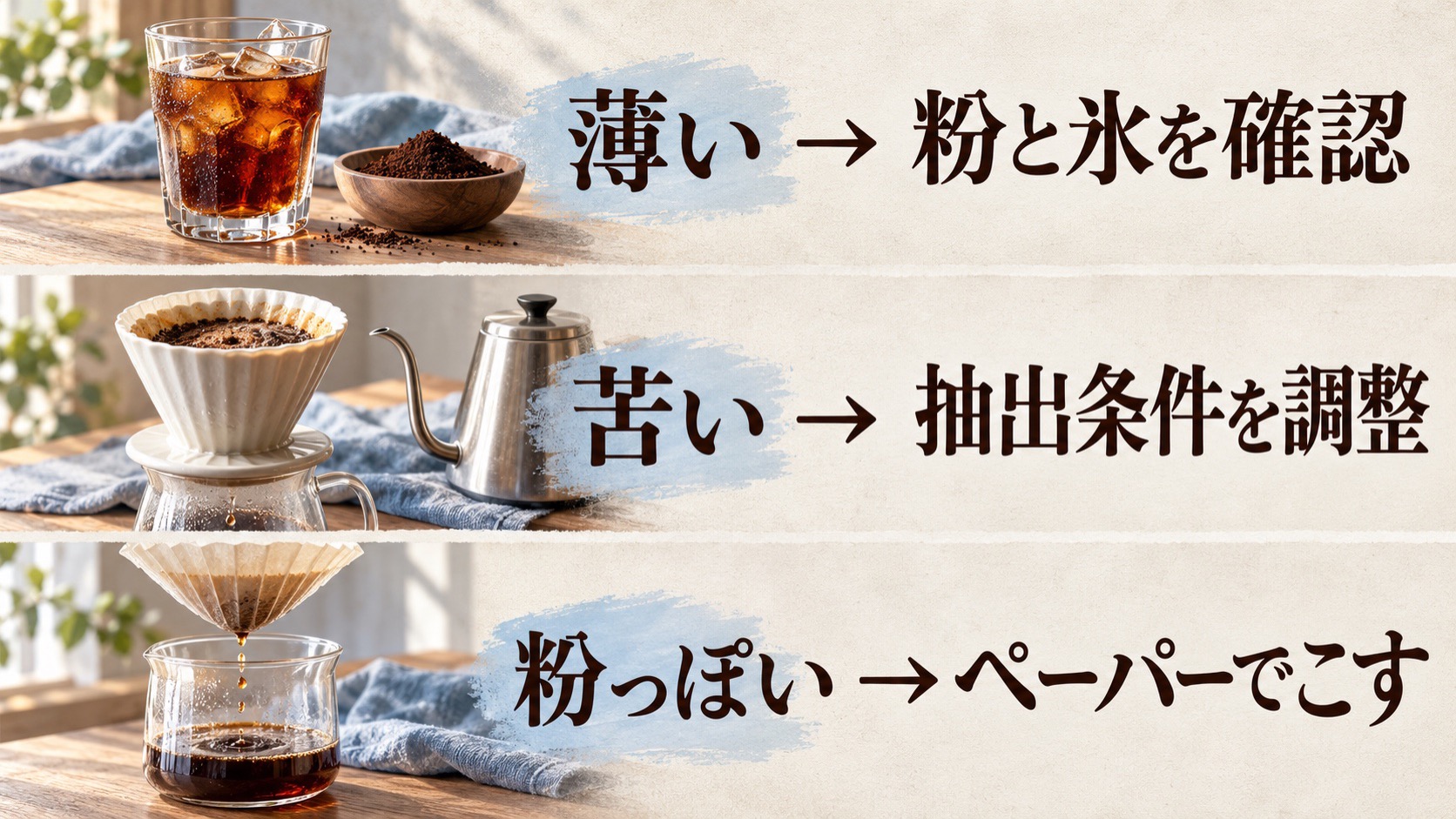 薄いときは粉と氷を確認、苦いときは抽出条件を調整、粉っぽいときはペーパーでこすという対処