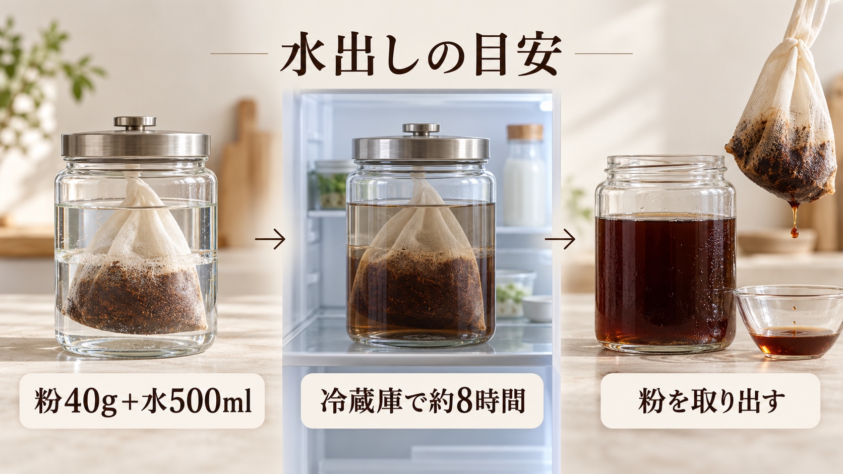 粉40gと水500mlを清潔な容器に入れ、冷蔵庫で約8時間抽出して粉を取り出す水出しの流れ
