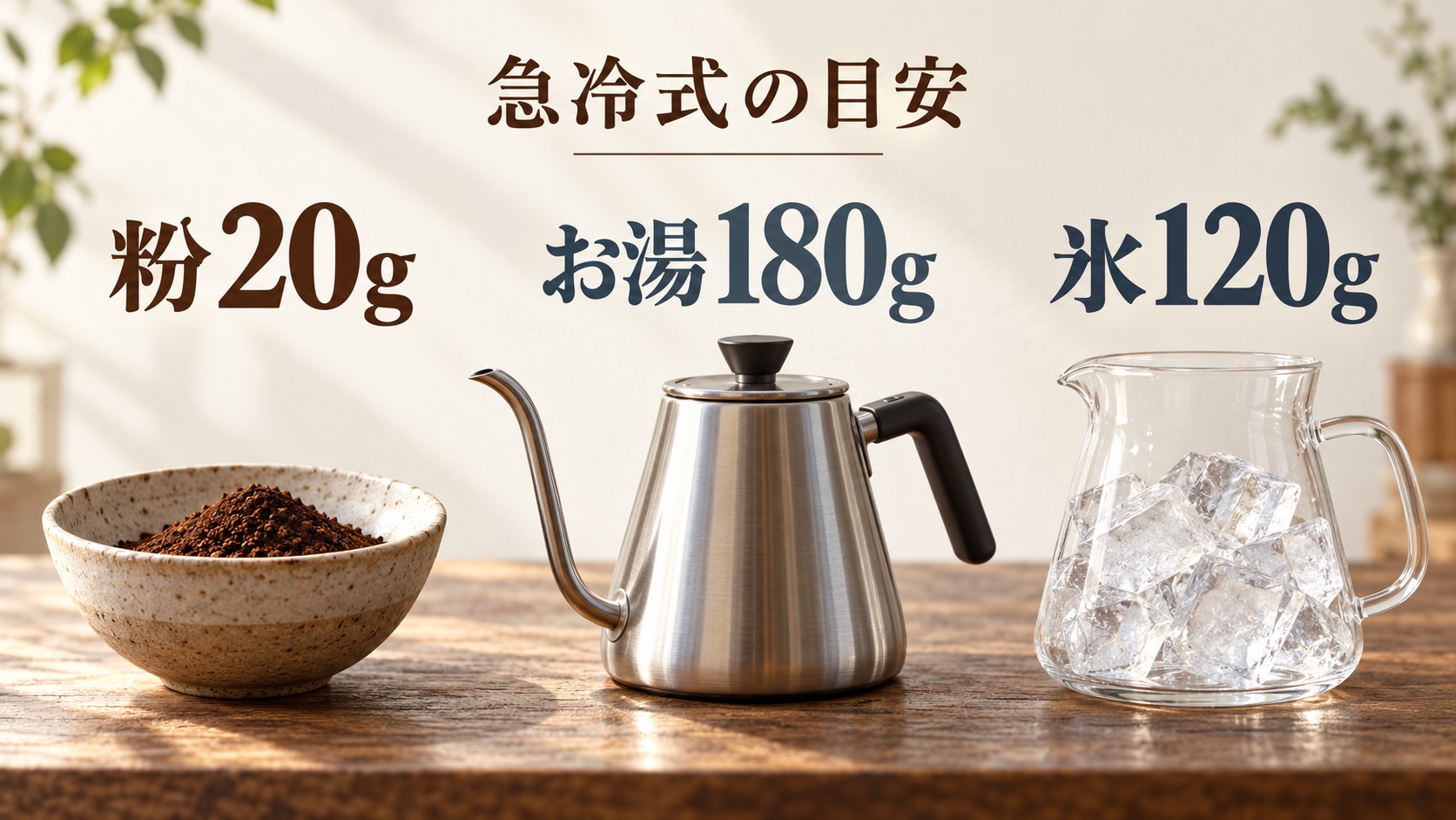 家庭で試す急冷式一杯の目安、粉20g、注ぐお湯180g、冷却用の氷120g