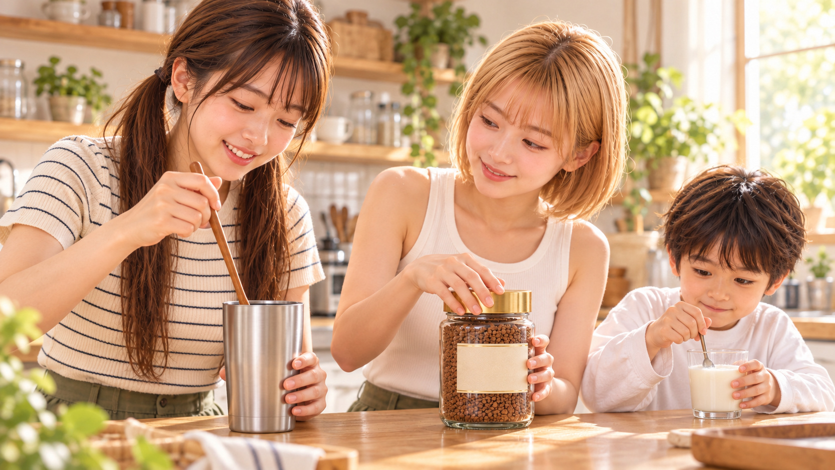 長柄スプーンでタンブラーのコーヒーを混ぜ、家族と一緒に一杯を準備するキッチンの風景