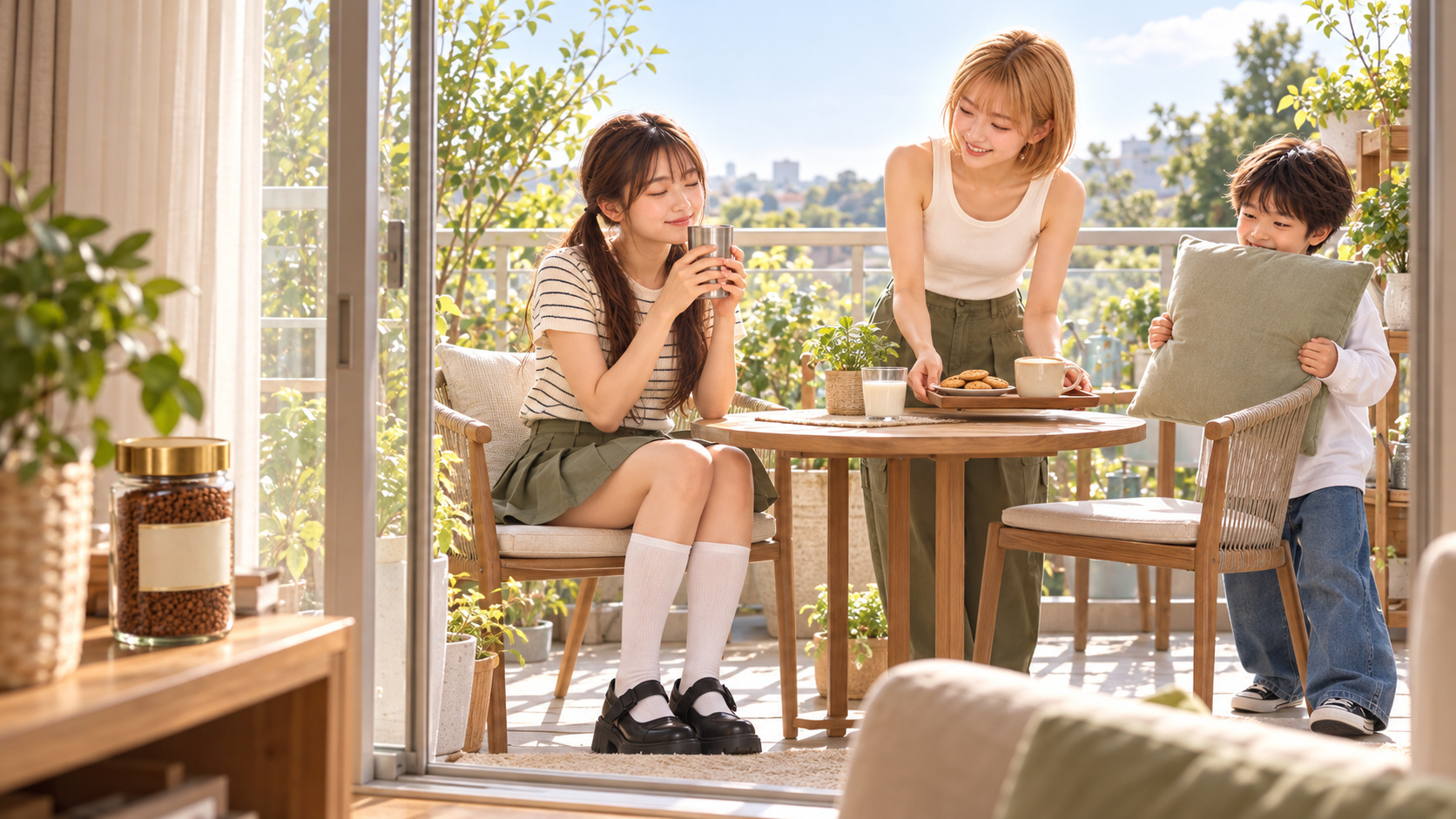 朝のベランダでタンブラーのコーヒーの香りを楽しみ、家族とおやつを準備する風景