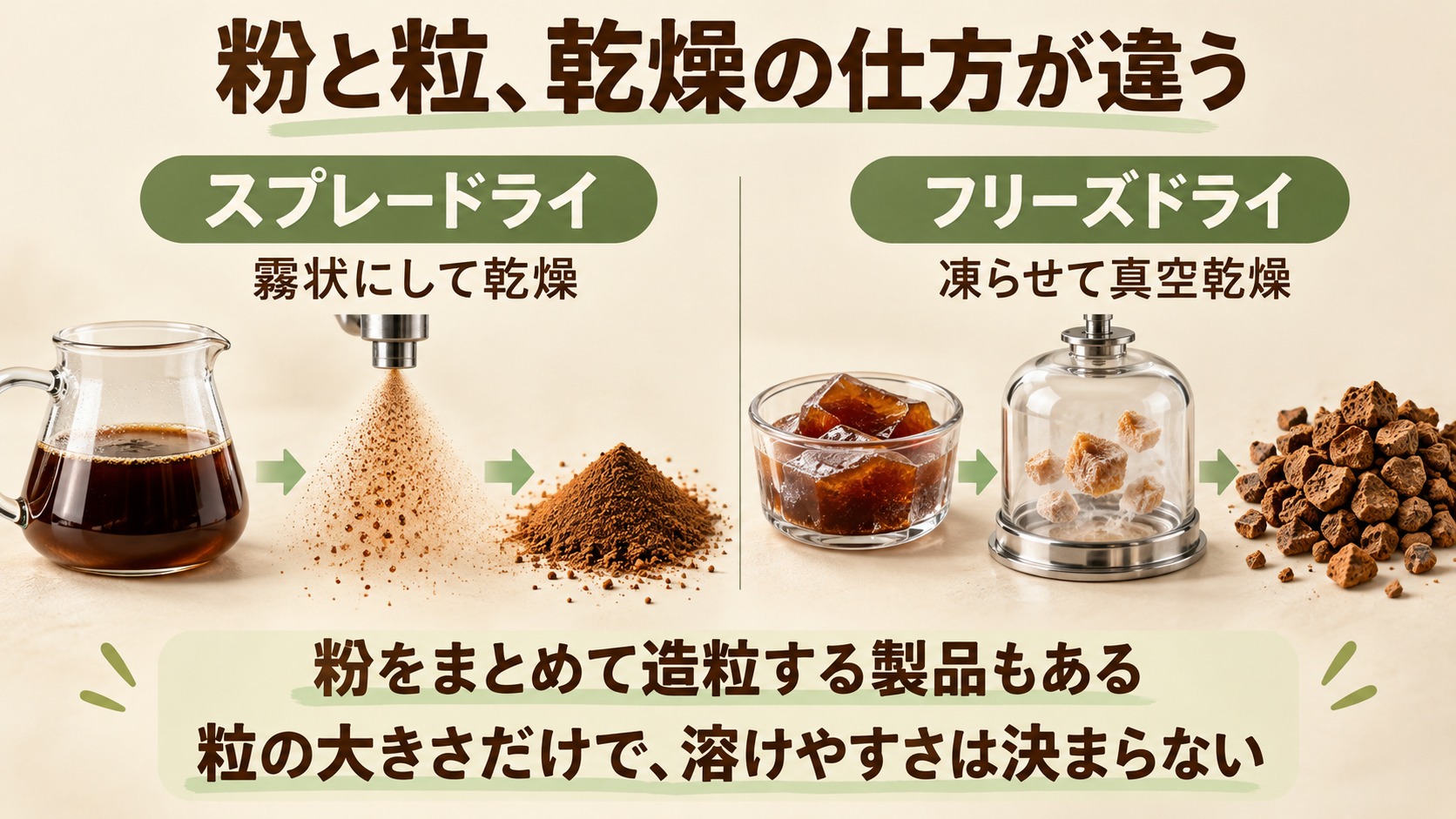 スプレードライは抽出液を霧状にして乾燥、フリーズドライは抽出液を凍らせて真空乾燥。粉を造粒した製品もあり、粒の大きさだけで冷水への溶けやすさは決まらない。