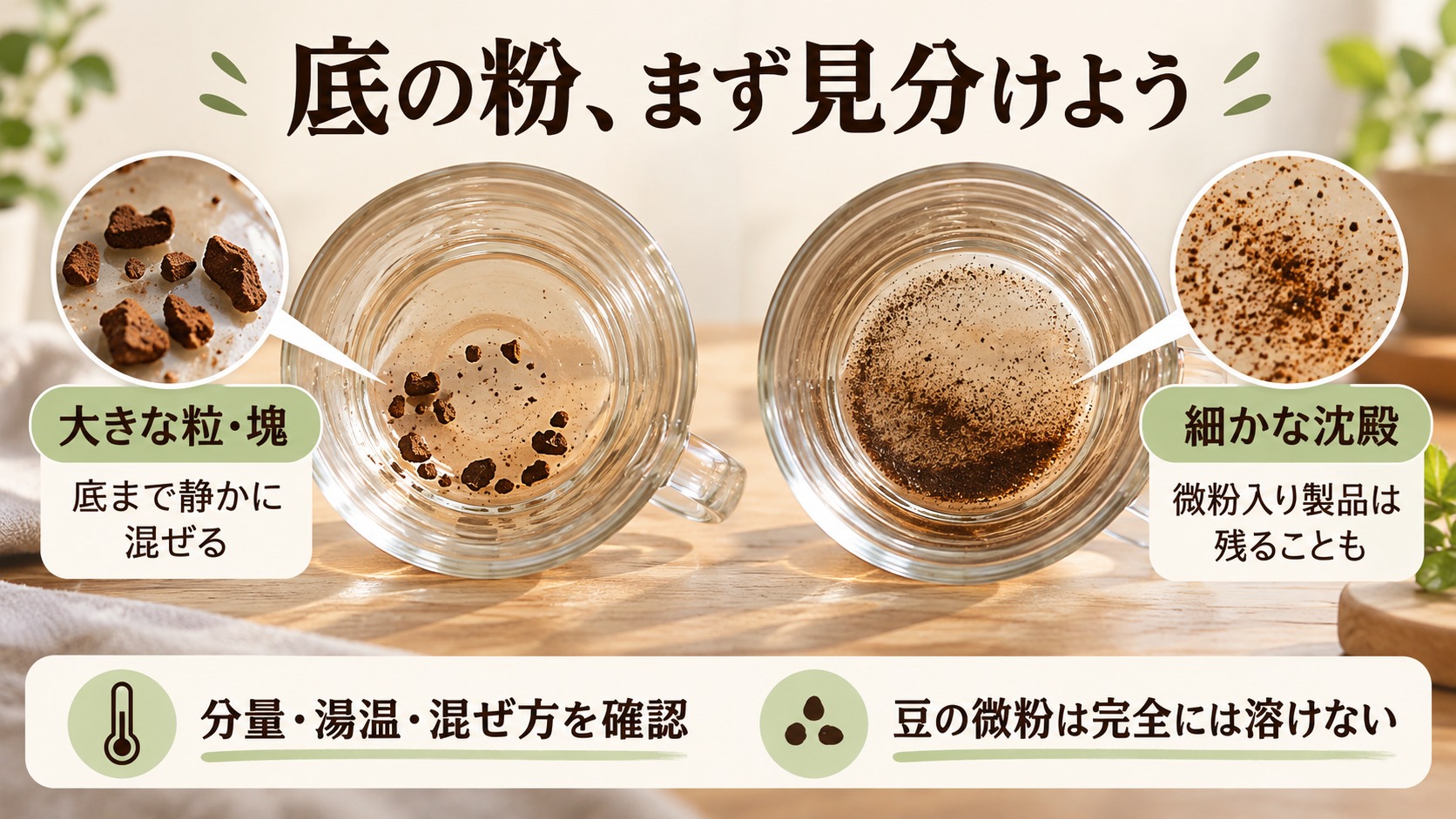 底の粉を見分ける要点。大きな粒や塊は混ぜ方を見直し、微粉入り製品の細かな沈殿は無理に溶かそうとしない。分量・湯温・底までの撹拌を確認する。