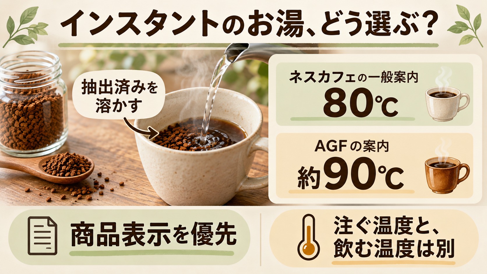 インスタントは抽出済みのコーヒーを溶かすもの。ネスカフェ公式の一般的な目安は80℃、AGF公式のホットの目安は約90℃。商品表示を優先し、飲む温度とは区別する。
