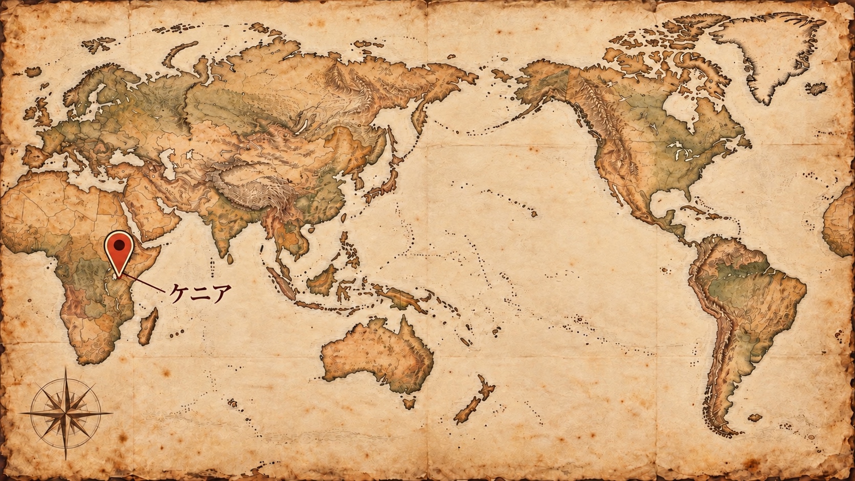 日本中心の古紙風の世界地図に、ケニアの産地の概略位置を示した図