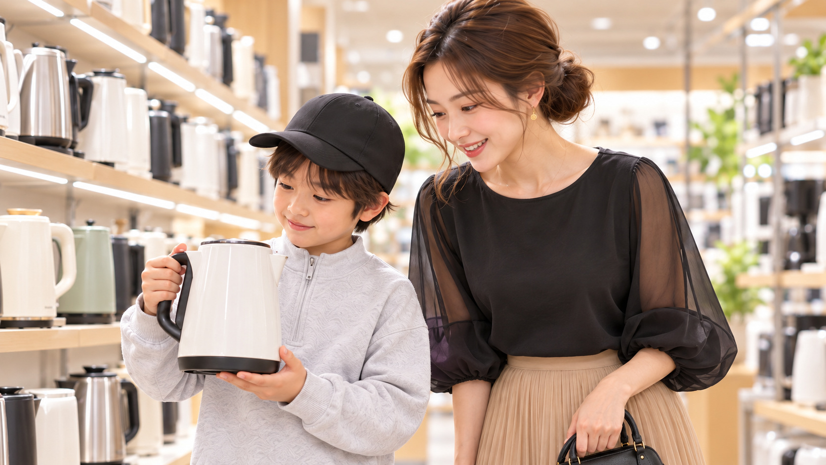 家電量販店の展示棚で空の電気ケトルを持ち上げて観察するYUTAと、黒いバッグを持って優しく見守るKANNA