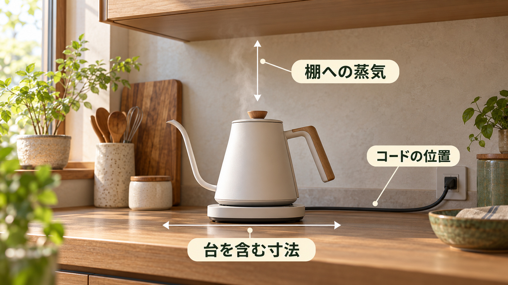電源台を含む設置寸法、棚へ向かう蒸気、引っかからないコードの位置を確認する