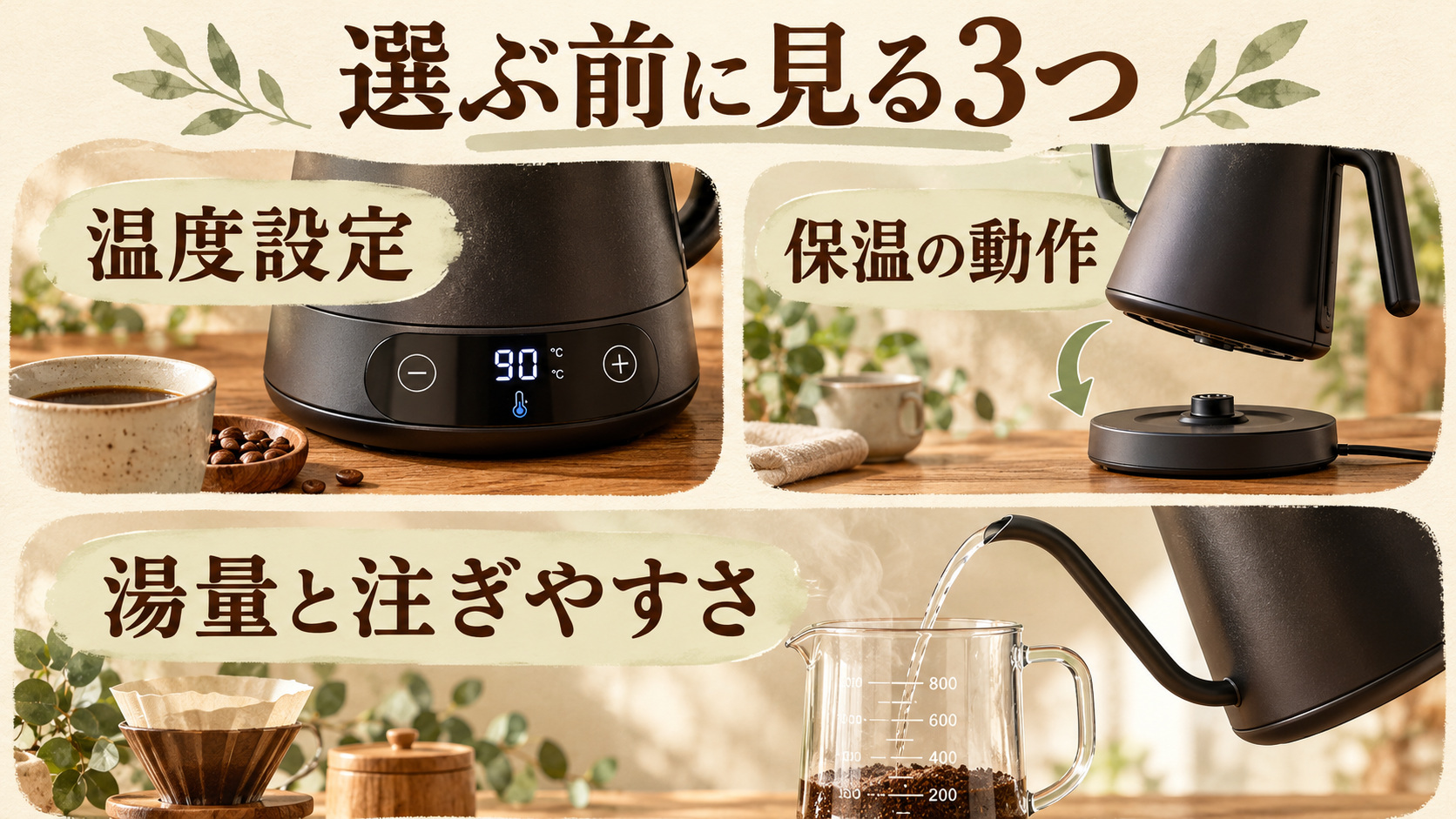 温度調整つき電気ケトル選びの3つの確認点。温度を選ぶ、保温の動作を見る、湯量と注ぎやすさを合わせる