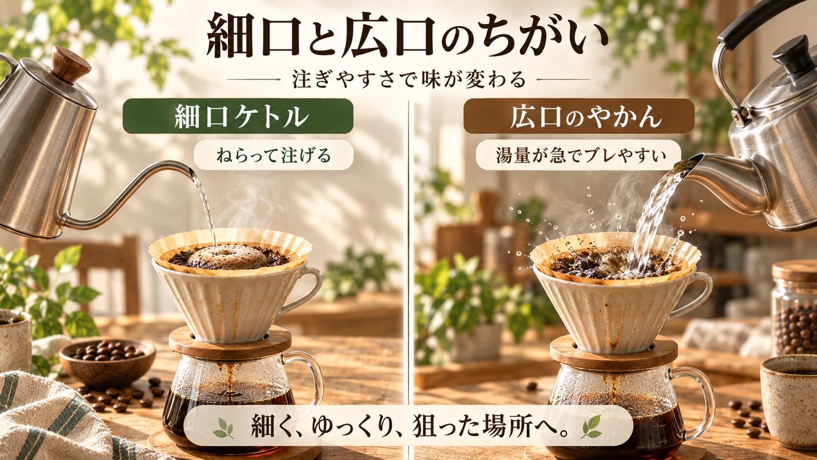細口ケトルと広口のやかんの注ぎ方を並べて比べた図。細口はねらって注げ、広口は湯量が急でブレやすい