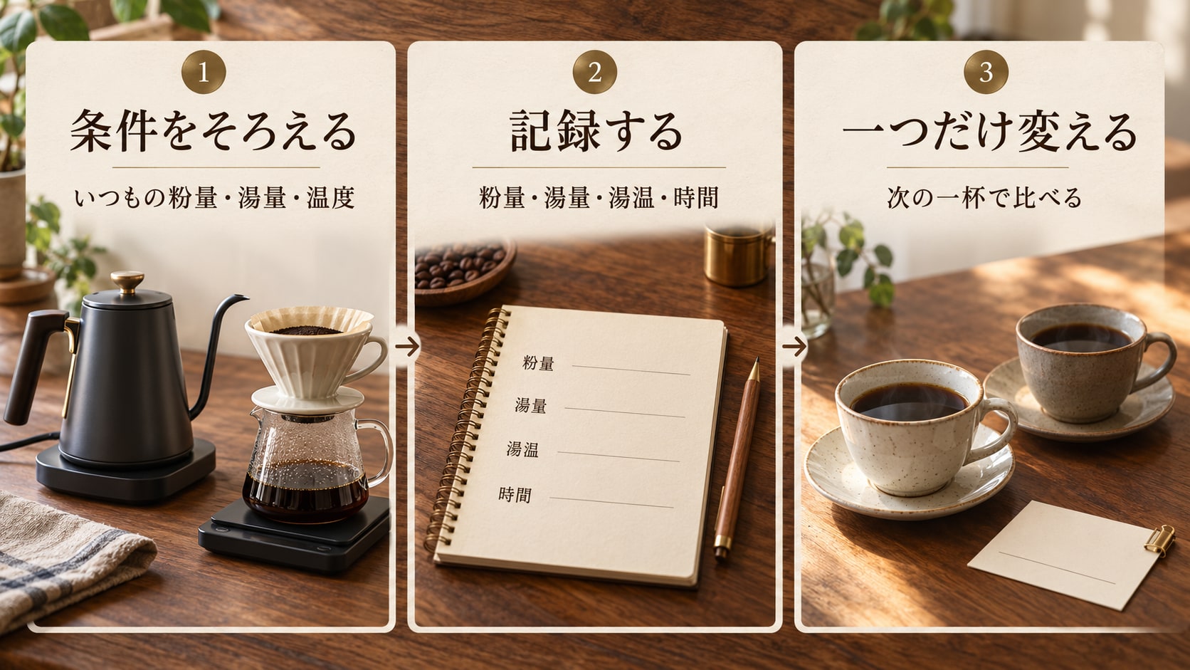 粉量と注ぐ湯量をそろえて記録し、次の一杯では条件を一つだけ変える流れ