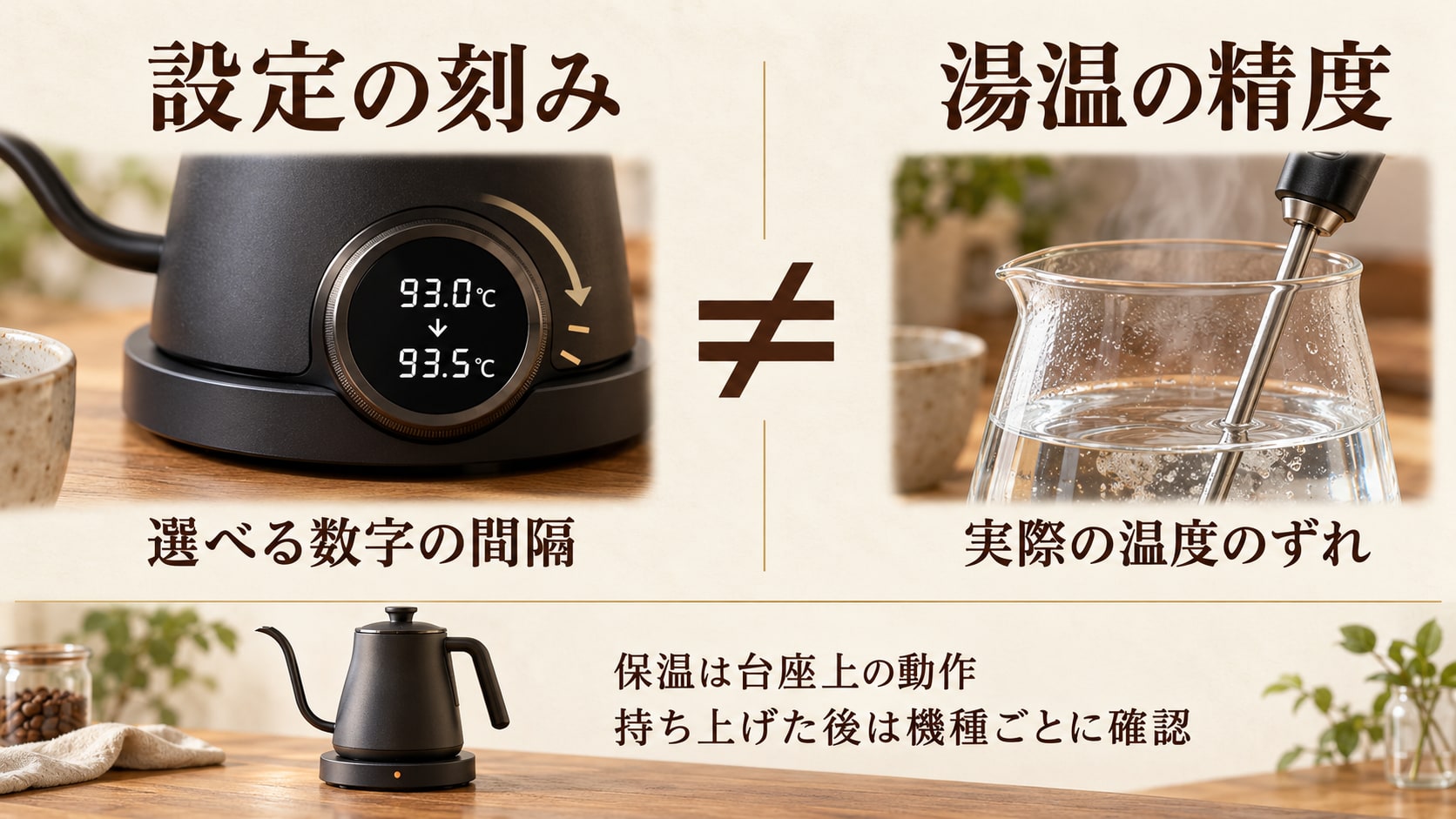 設定の刻みと実際の湯温の精度を区別し、保温は台座上の動作として確認する図解