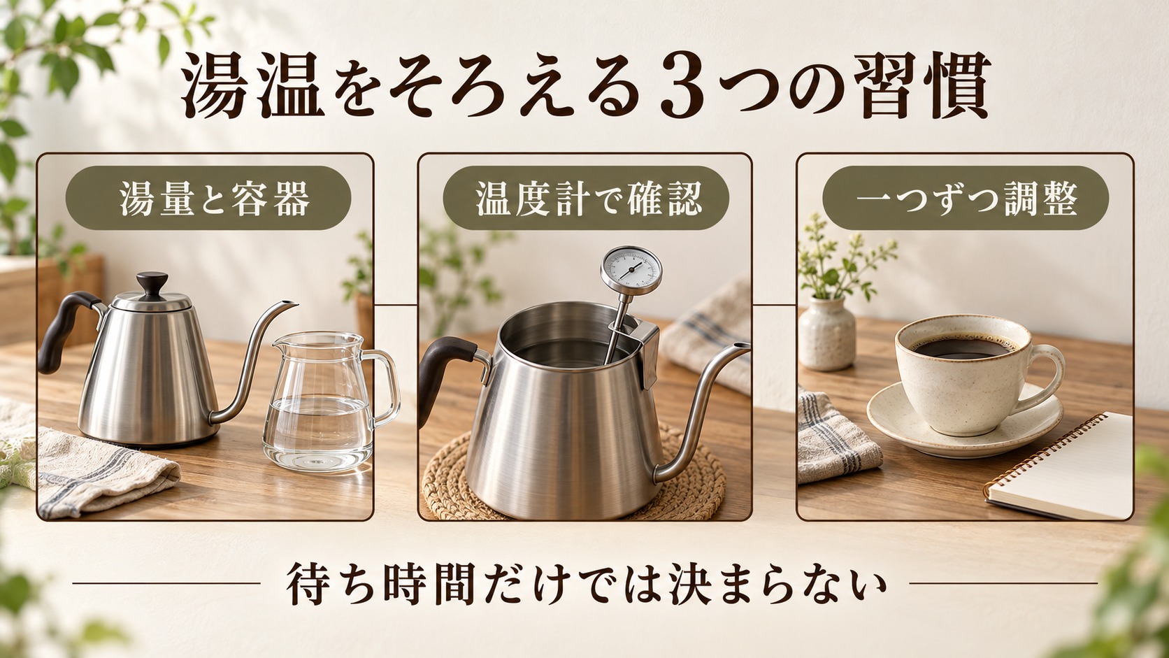 湯温をそろえる三つの条件。湯量と容器をそろえる、温度計で確かめる、味を見て一つずつ調整する。待ち時間だけで温度は決まらない。