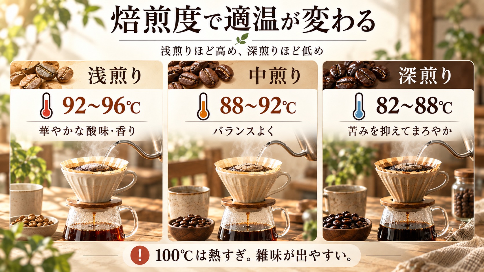 焙煎度ごとのお湯の適温を比べた図。浅煎り92〜96℃、中煎り88〜92℃、深煎り82〜88℃