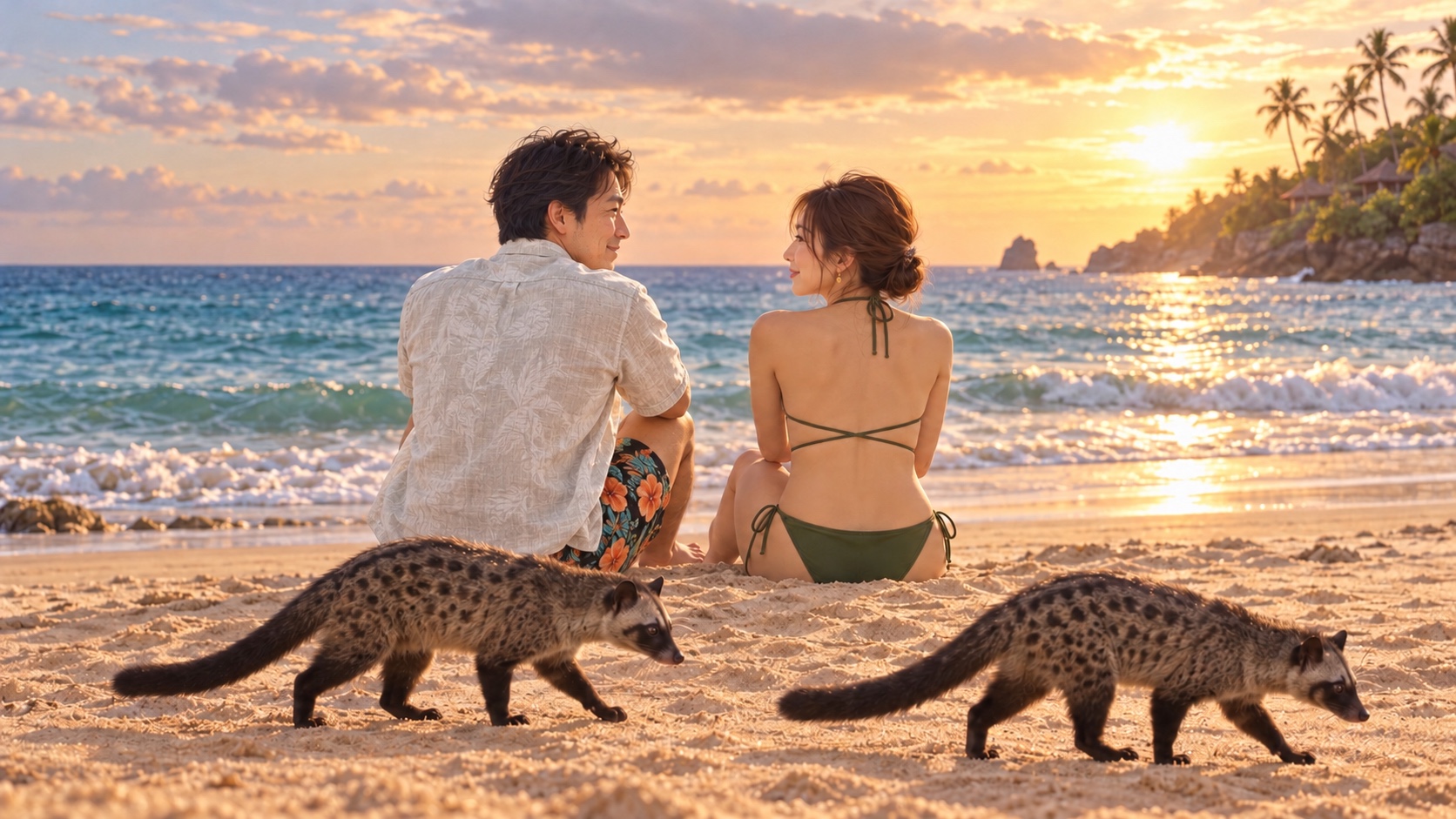 バリ島の海を眺めて語り合うTAKERUとKANNAの手前を、2匹のジャコウネコが横切るイメージ。