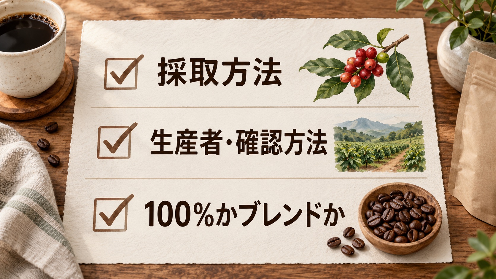 購入前に採取方法、生産者と確認方法、配合率の三点を確かめるためのチェック図