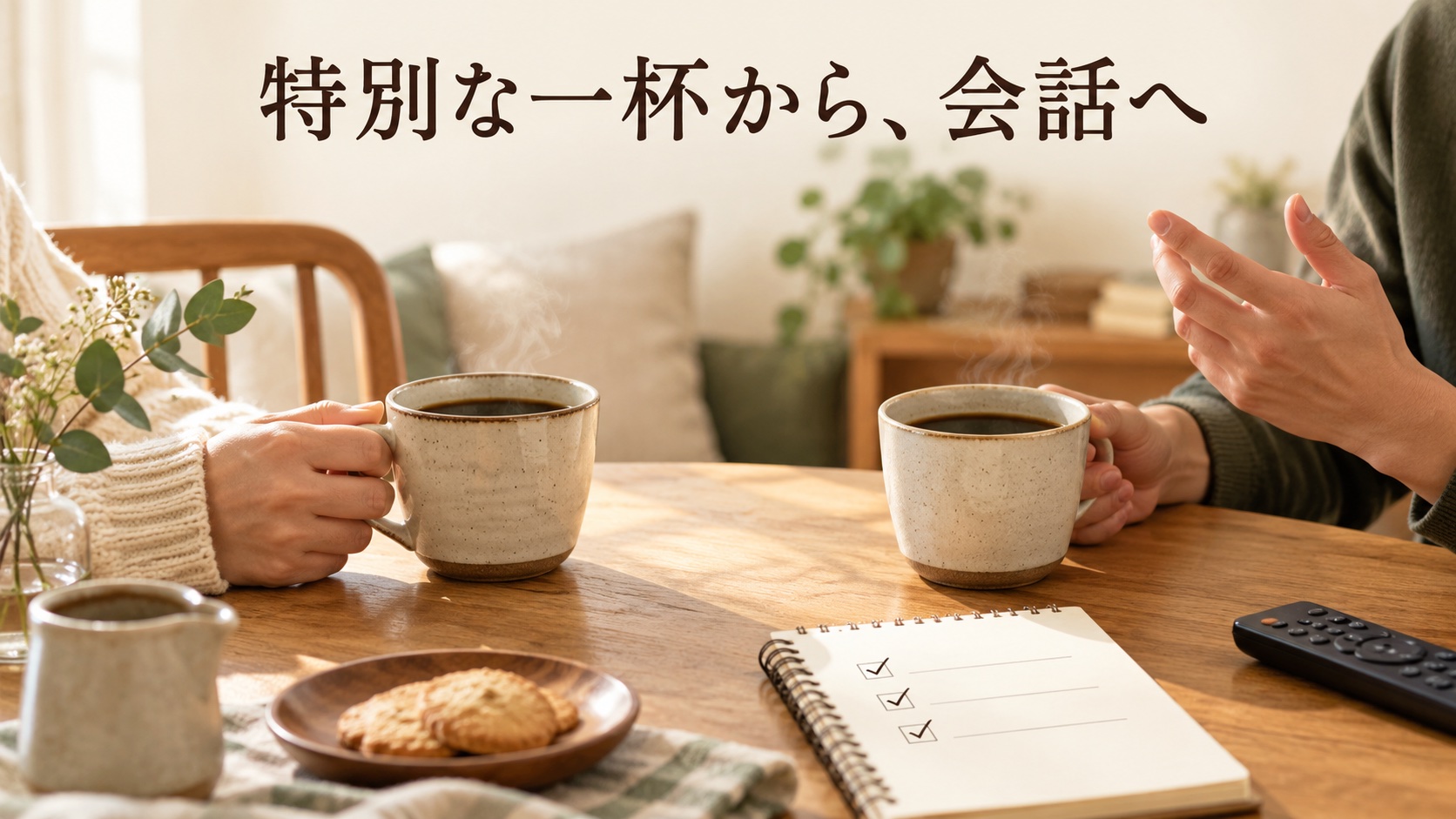 二つのコーヒーカップとリストを通して、特別な一杯が会話につながることを表したイラスト
