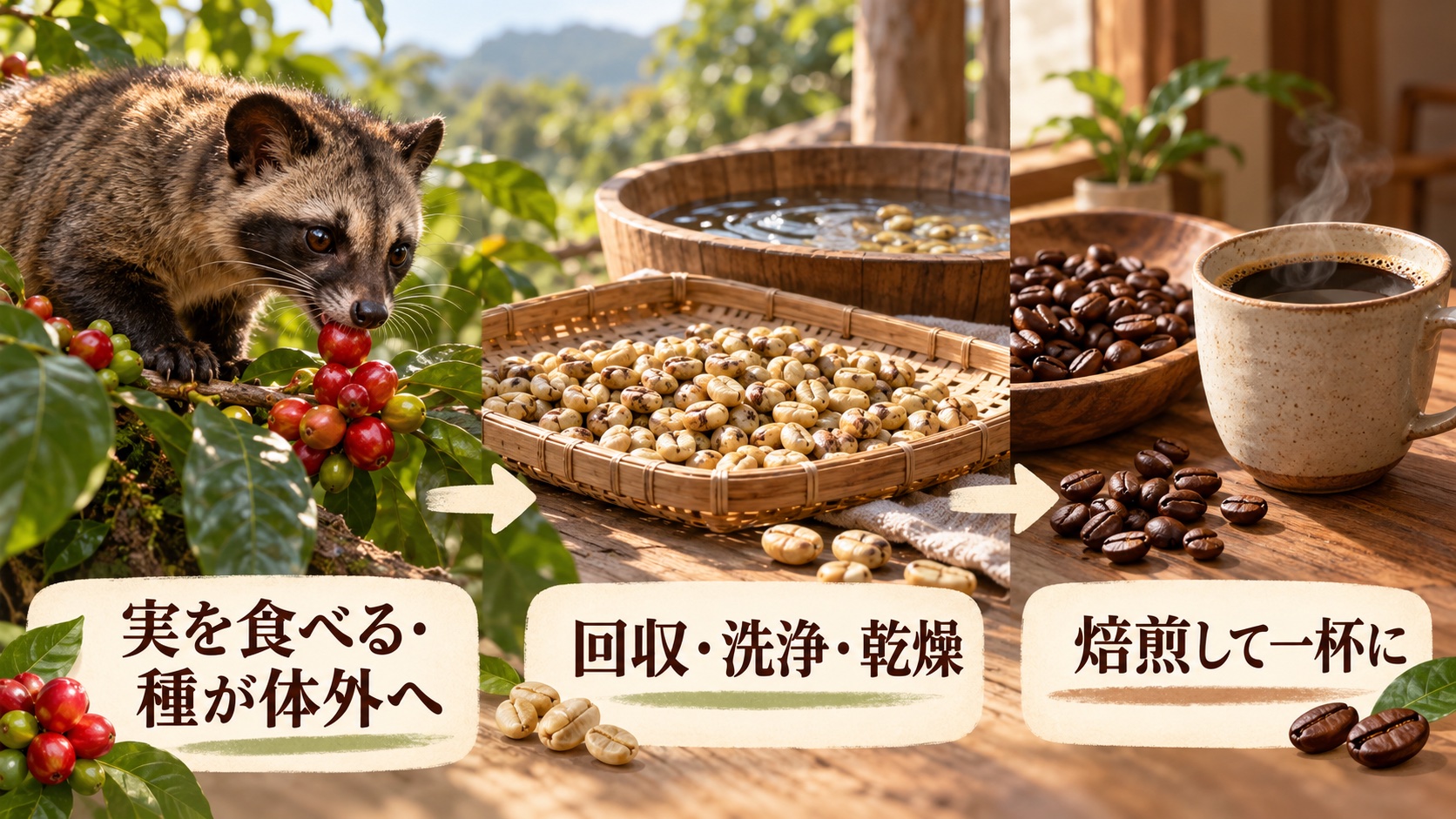 コーヒーの実を食べたジャコウネコから体外に出た種を回収し、洗浄・乾燥と焙煎を経て一杯になる概念図