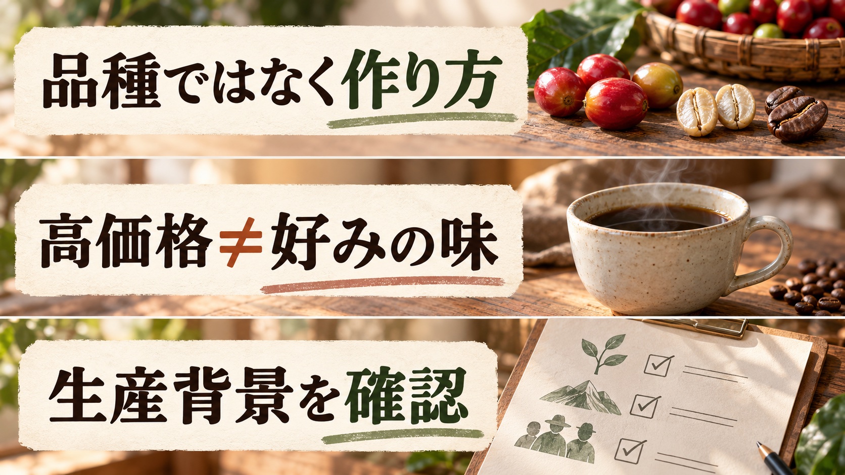 コピ・ルアクは品種ではなく製法で、高価格は味の保証にならず、生産背景の確認が必要だと整理した図