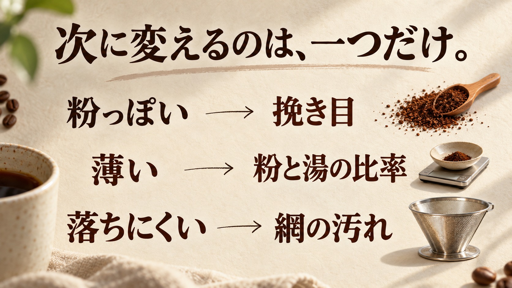 味の調整は一つずつ。粉っぽいなら挽き目、薄いなら粉と湯の比率、落ちにくいなら網の汚れを確認