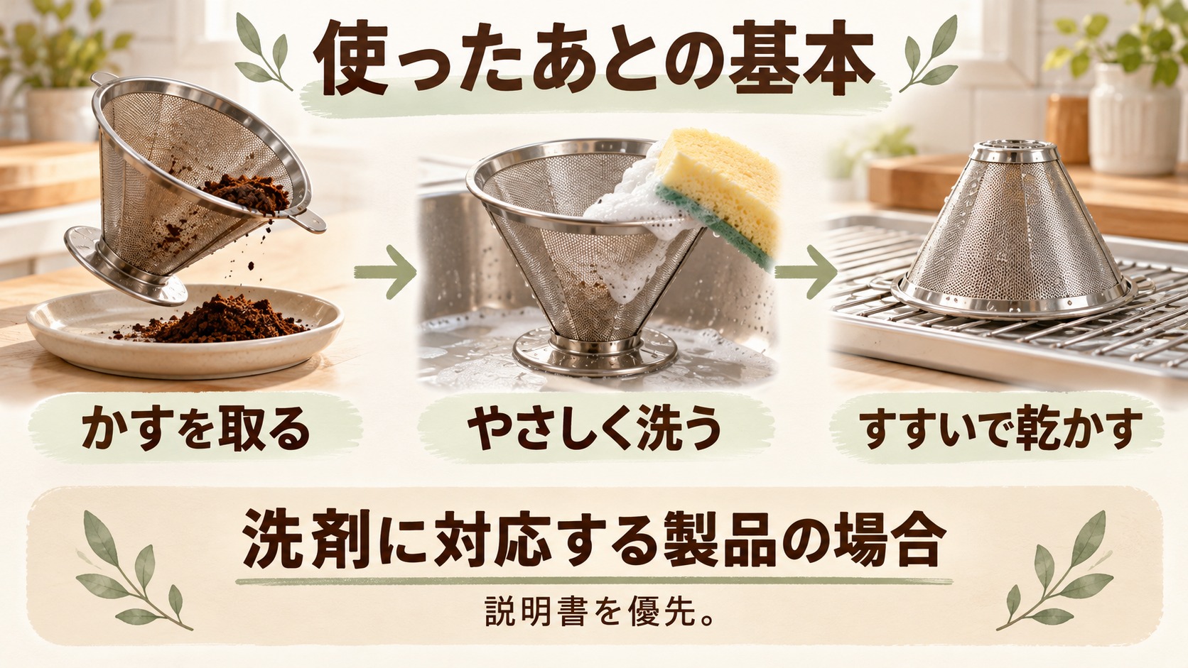 洗剤に対応する金属フィルターの基本の手入れ。かすを取り、やわらかいスポンジで洗い、十分にすすいで乾かす。製品の説明書を優先