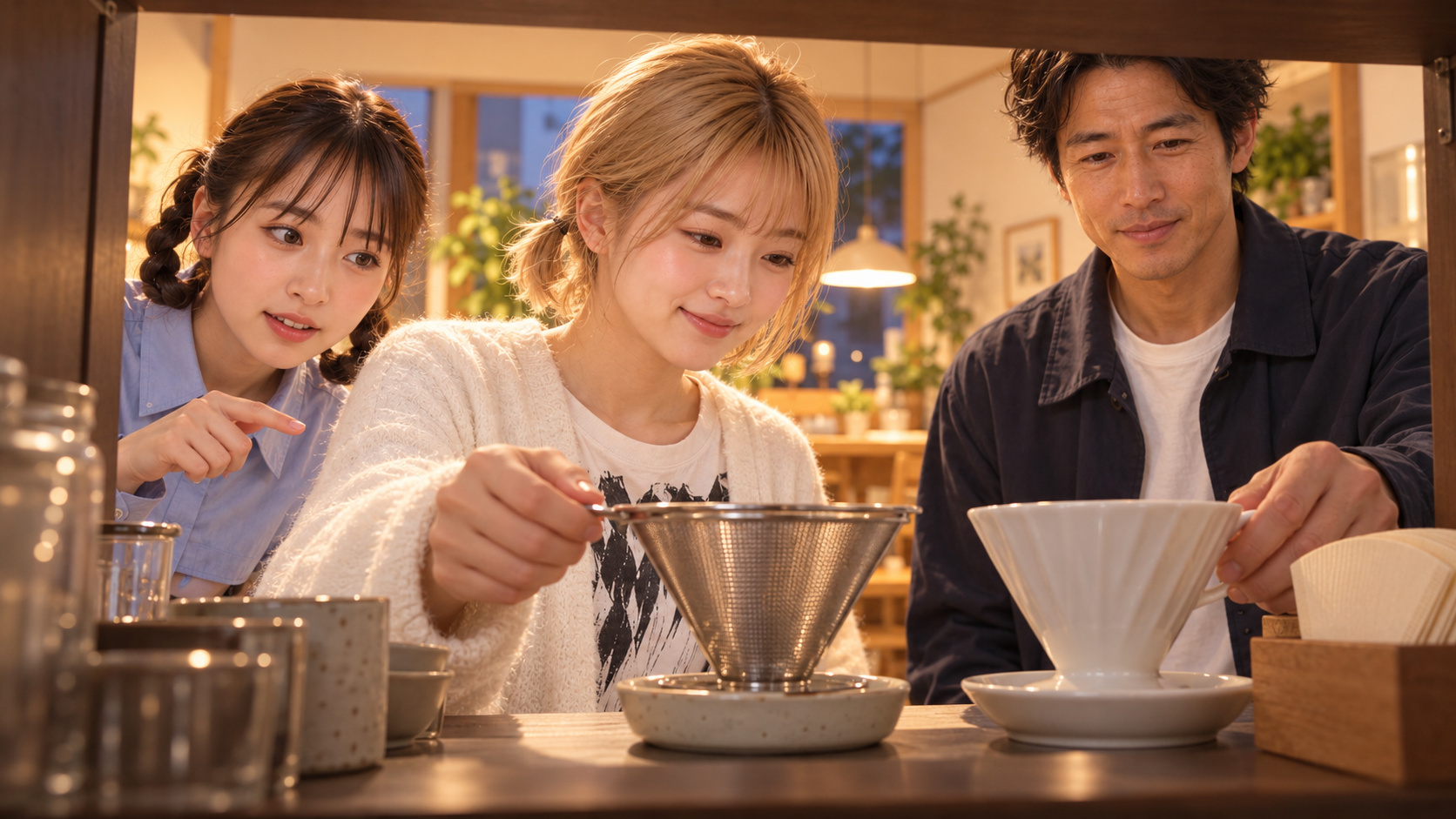 夕方の戸棚に乾いたメッシュを戻すHINATA、紙用ドリッパーを並べるTAKERU、道具を見比べるYUME