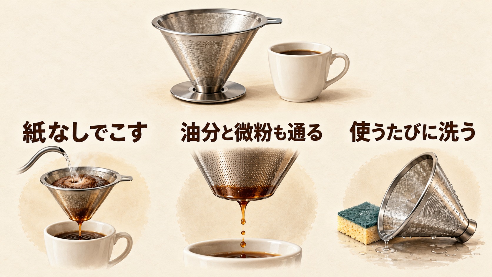 メッシュを初めて使うときの三つのポイント。紙なしでこす、油分と微粉も通る、使うたびに洗う