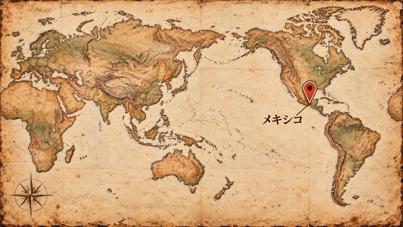 日本中心の古紙風世界地図でメキシコの概略位置を示した図