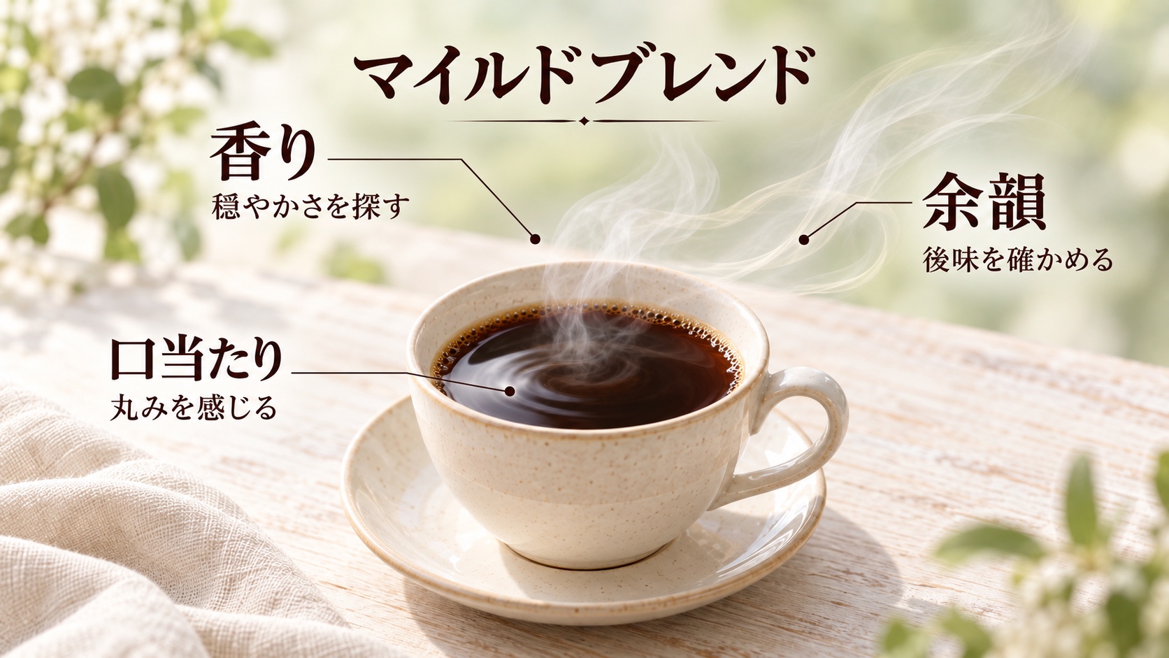 マイルドブレンドのカップを中心に、香りの穏やかさ、丸い口当たり、後味を確かめる三つの注目点を示した図解