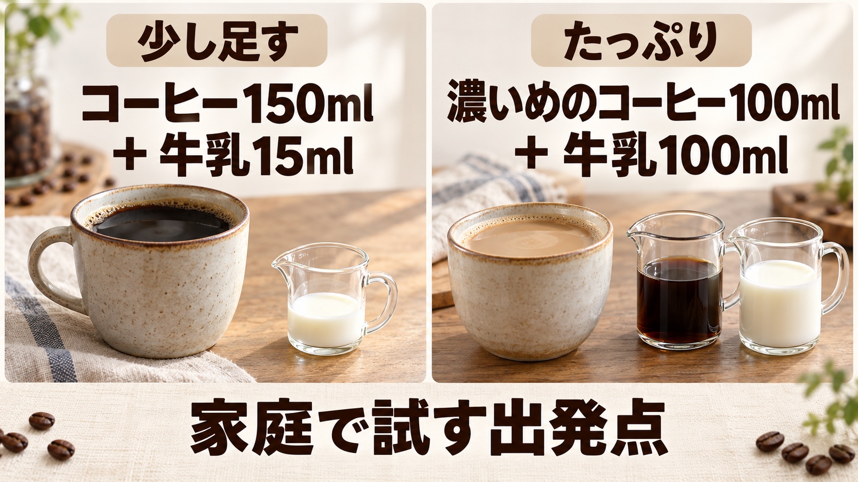 牛乳の量の出発点としてコーヒー150mlと牛乳15ml、濃いめのコーヒー100mlと牛乳100mlを比較する図