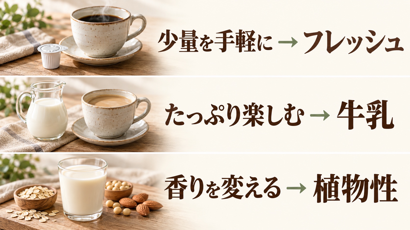 少量を手軽に足すならフレッシュ、たっぷり楽しむなら牛乳、香りを変えるなら植物性ミルクという選び方